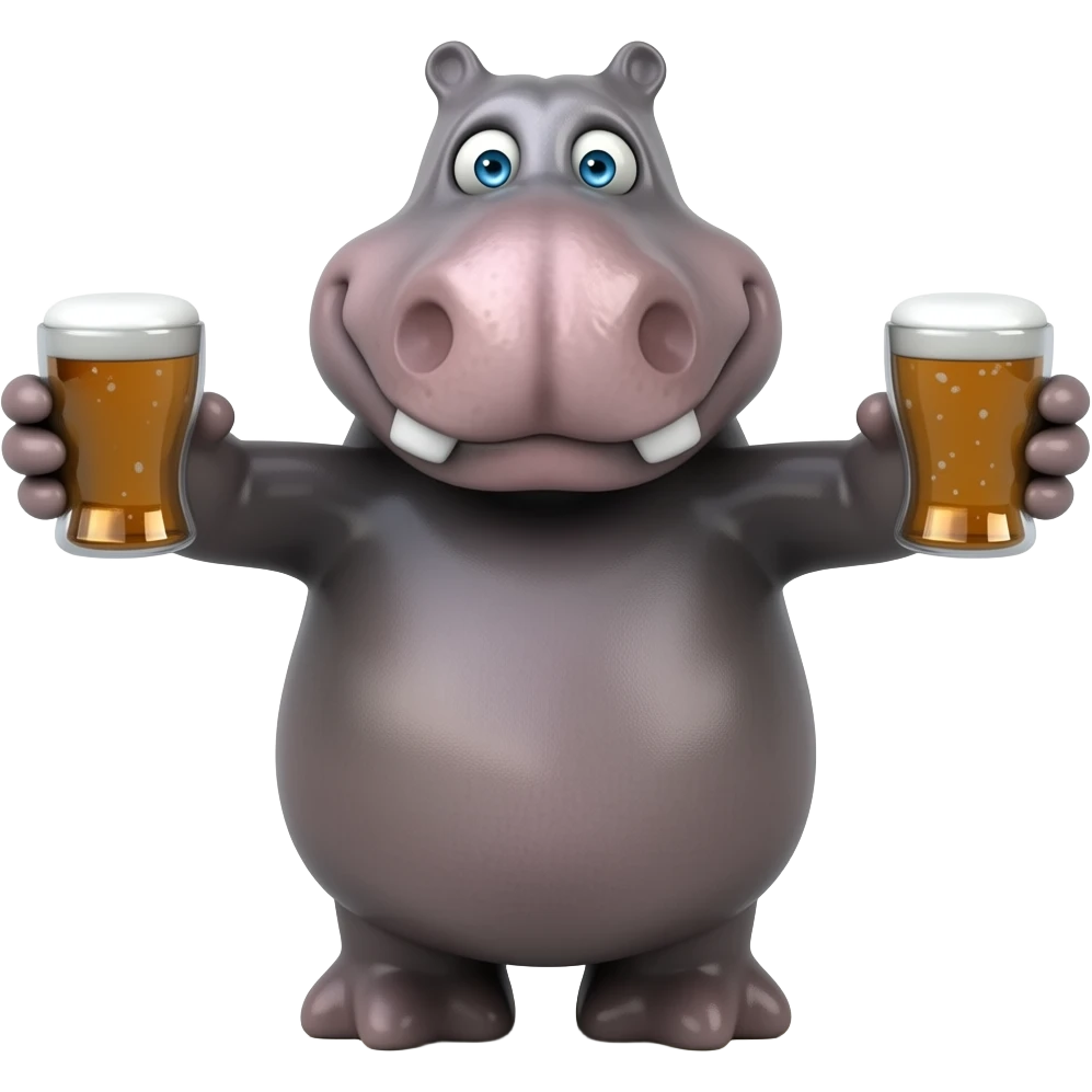 Hippo acting very silly crazy drunk drinking beer silly face beer both hands delarious emoji