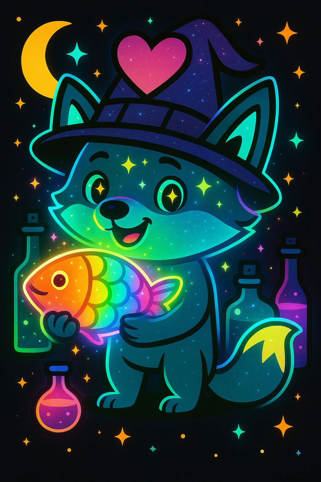 Make the rainbow fish glow with a magical aura and change the blue fox to a neon teal color, keep the purple sparkly witch hat, magical background, and big pink heart in vibrant toon style. emoji