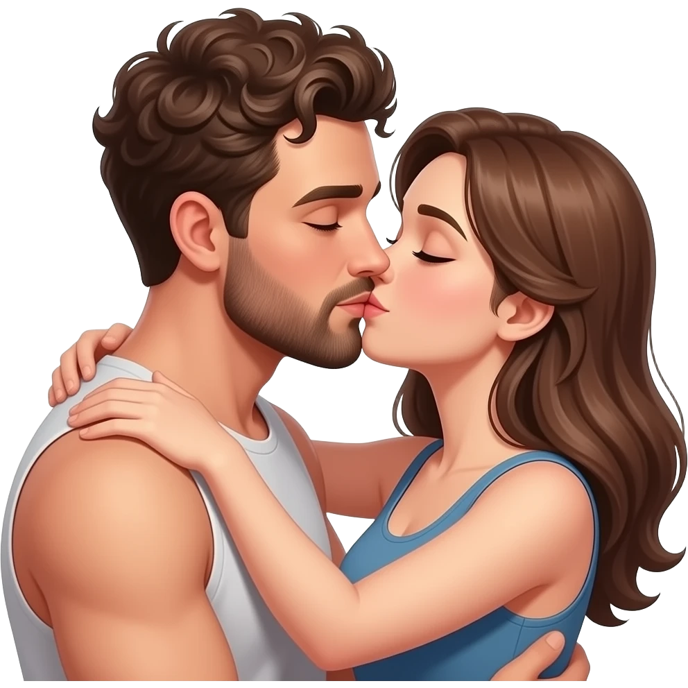 Realistic white skin man super short curly brown hair with beard kissing passionately and hugging realistic white girl brown hair emoji
