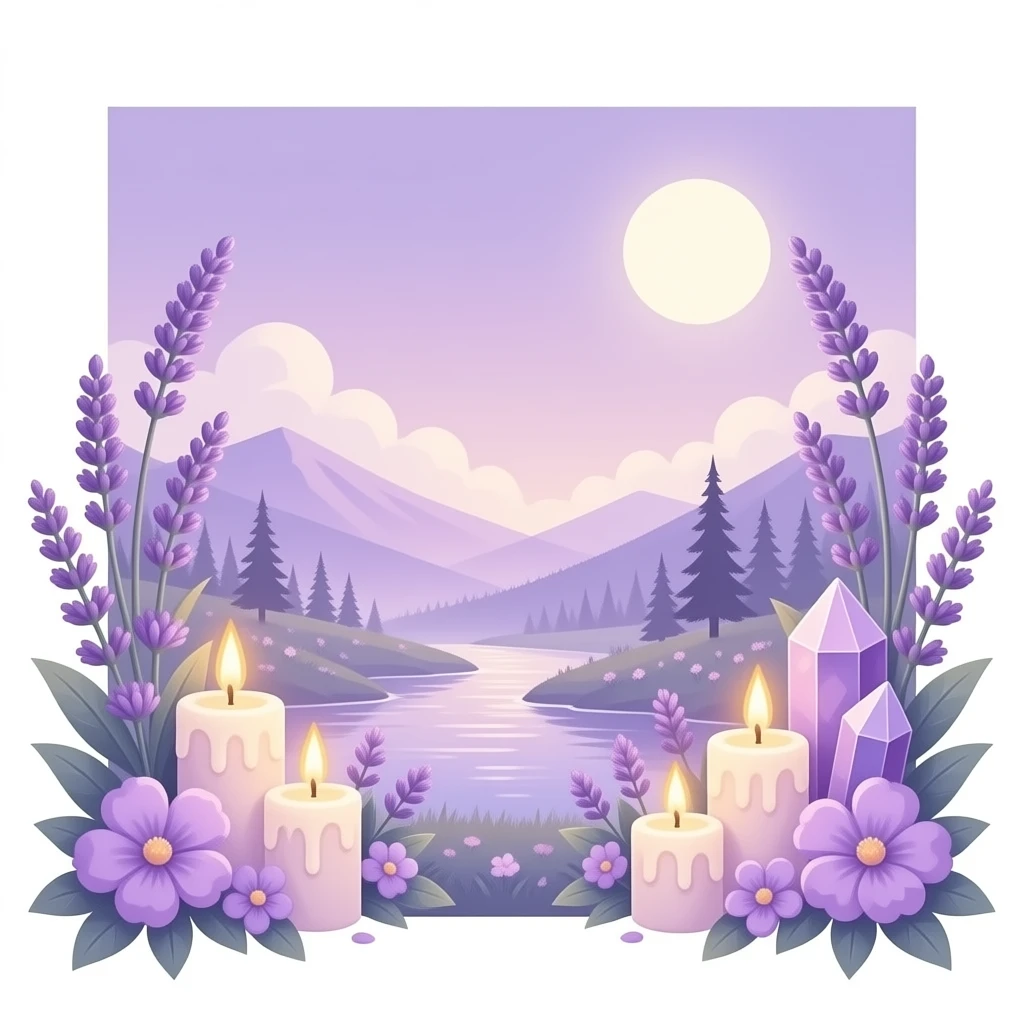 Aesthetic scenic romantic lavender lilac pastels beautiful gorgeous holy divine spiritual pretty elegant sparkly shiny scene of Candles, flowers, plants leaves, amethyst crystals, scenic aesthetic scenery emoji