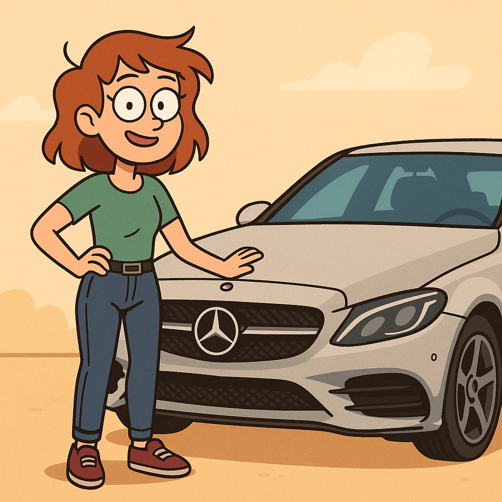 modern illustrative style, vibrant colors, girl standing next to a Mercedes car, simple background emoji