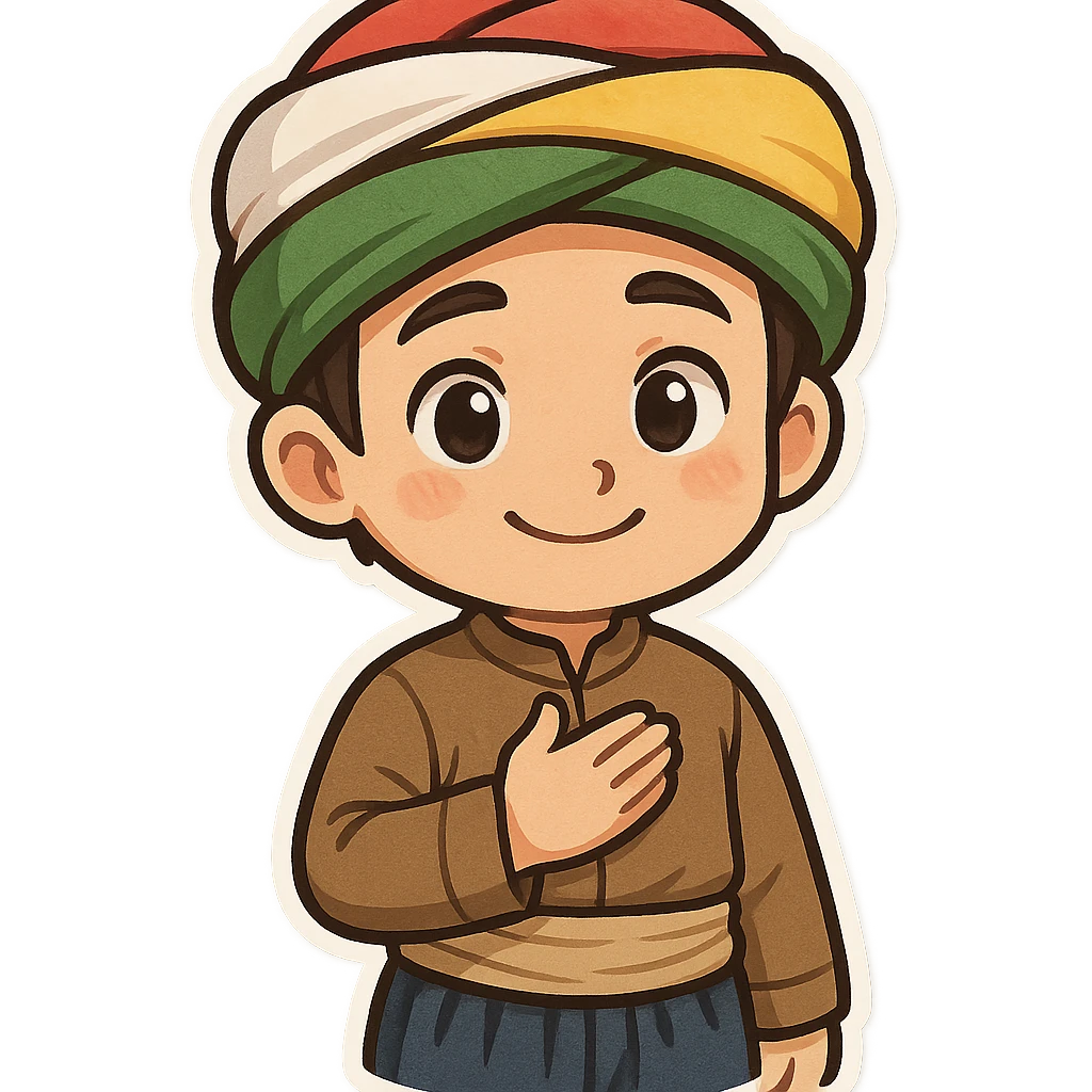 cartoon sticker of a Kurdish boy in traditional clothing, hand on chest (salute) pose, gentle smile, colorful and cheerful, no text, suitable for WhatsApp and Instagram emoji