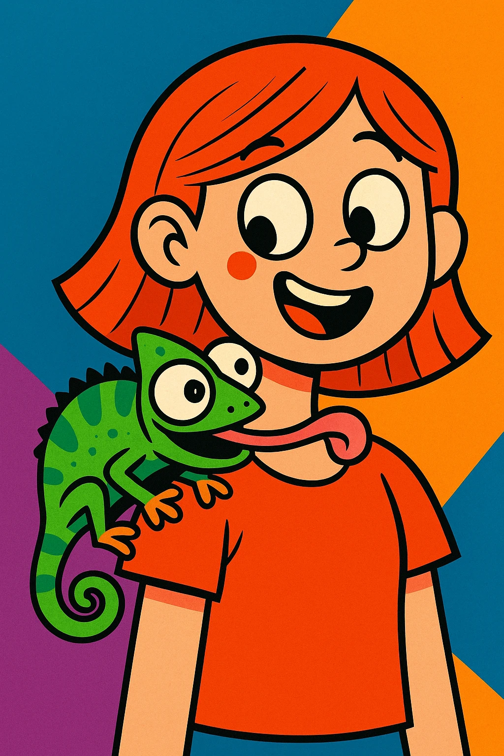 funny cartoon chameleon with big eyes licking a girl's shoulder, playful, vibrant colors emoji