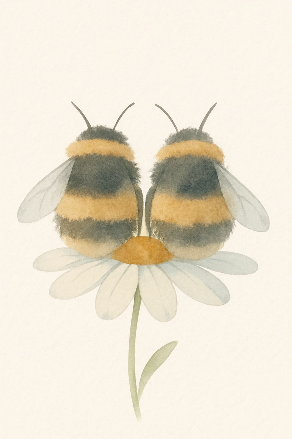 Two fluffy bumblebees sitting side by side on a daisy, view from behind, watercolor illustration, soft lines, warm colors, light background, children's book illustration style emoji