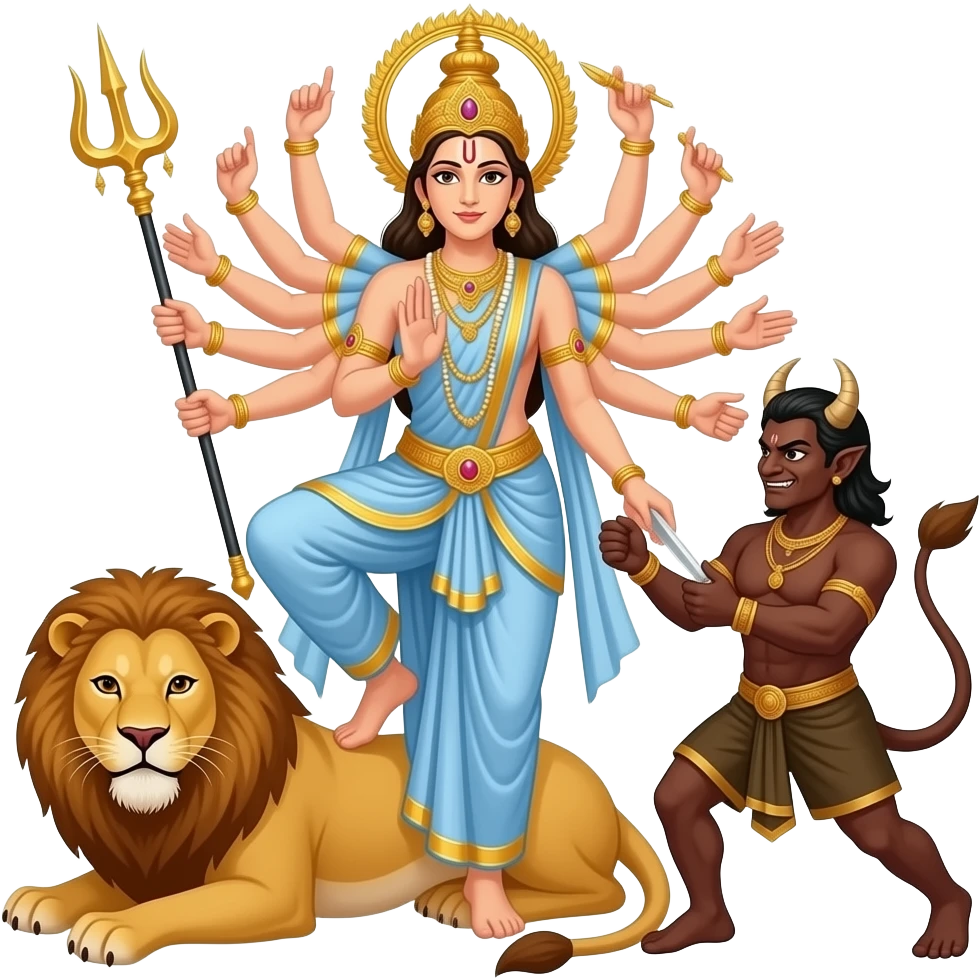 Create an emoji of a goddess with ten hands standing with one leg on a lion's back and another leg on a brownish demon and the goddess is stabbing him in his chest with a trident with her two front arms emoji