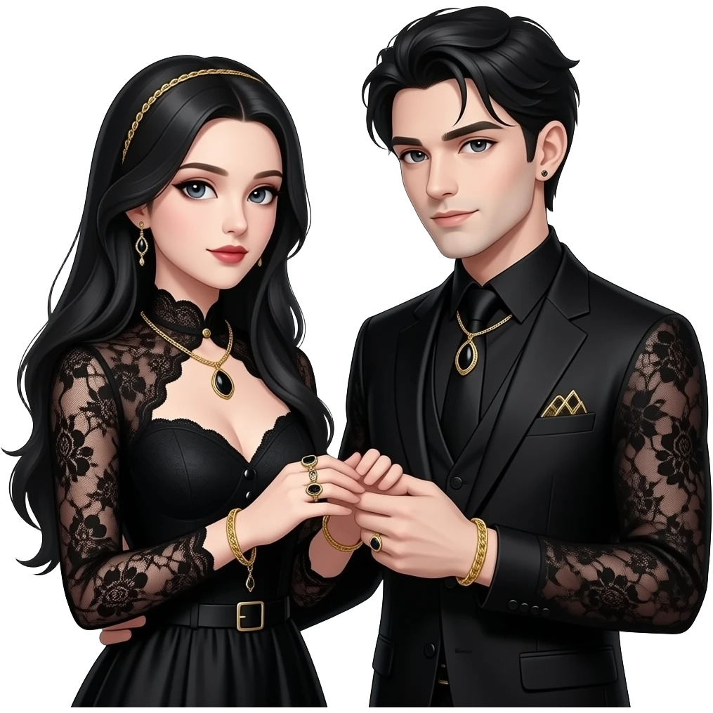 Beautiful gothic couple married wearing rings and golding each other emoji