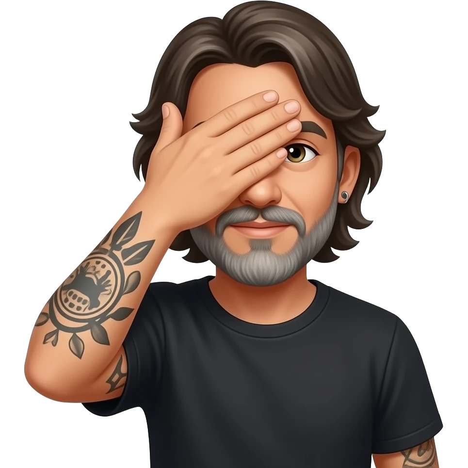 The handsome Latino podcast host with medium length hair, a long lightly graying beard and tattoos, his ear pierced and right nostril as well, covering his eyes with hand emoji
