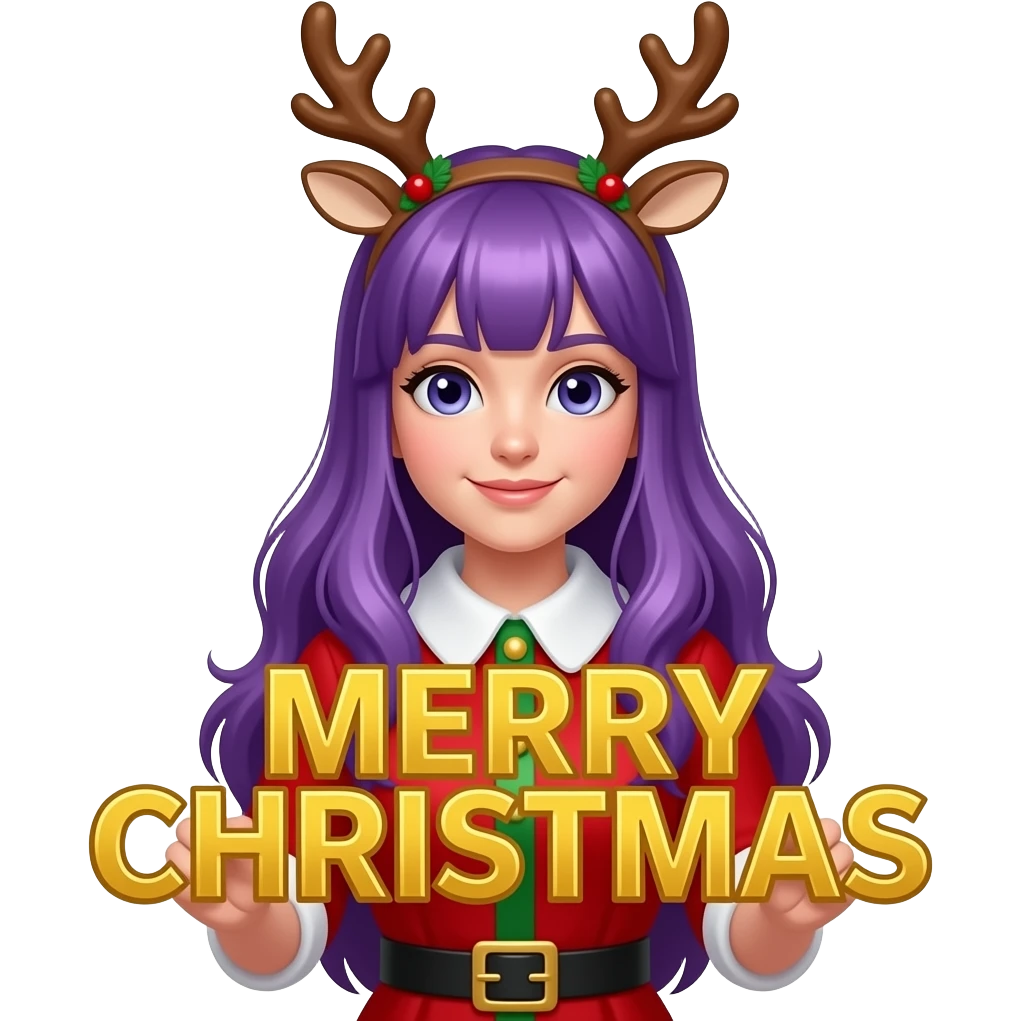 girl with long purple hair wearing a christmas costume holding a MERRY CHRISTMAS sign emoji