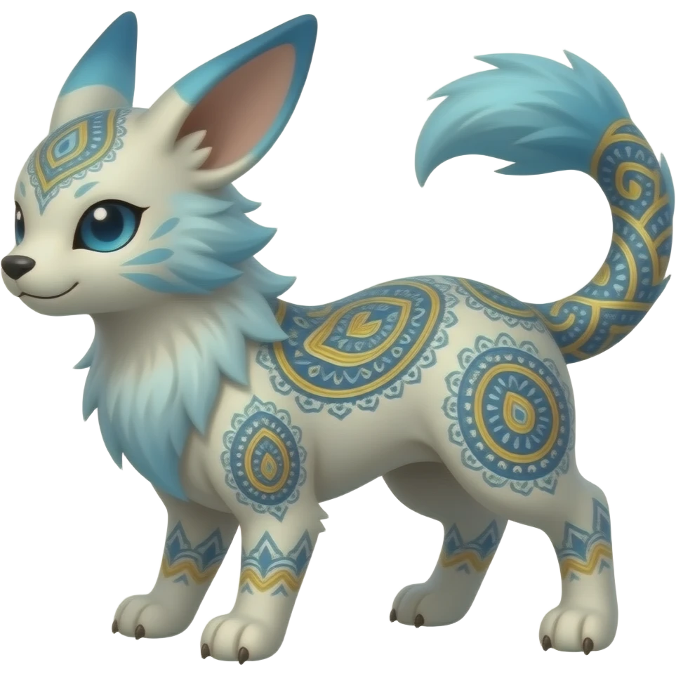Damask-paisley-patterned ancient Short-legged quadrupedal elegant oriental feral painted Absol-Glaceon-Sylveon-animal-Fakémon-fusion-hybrid-creature emoji