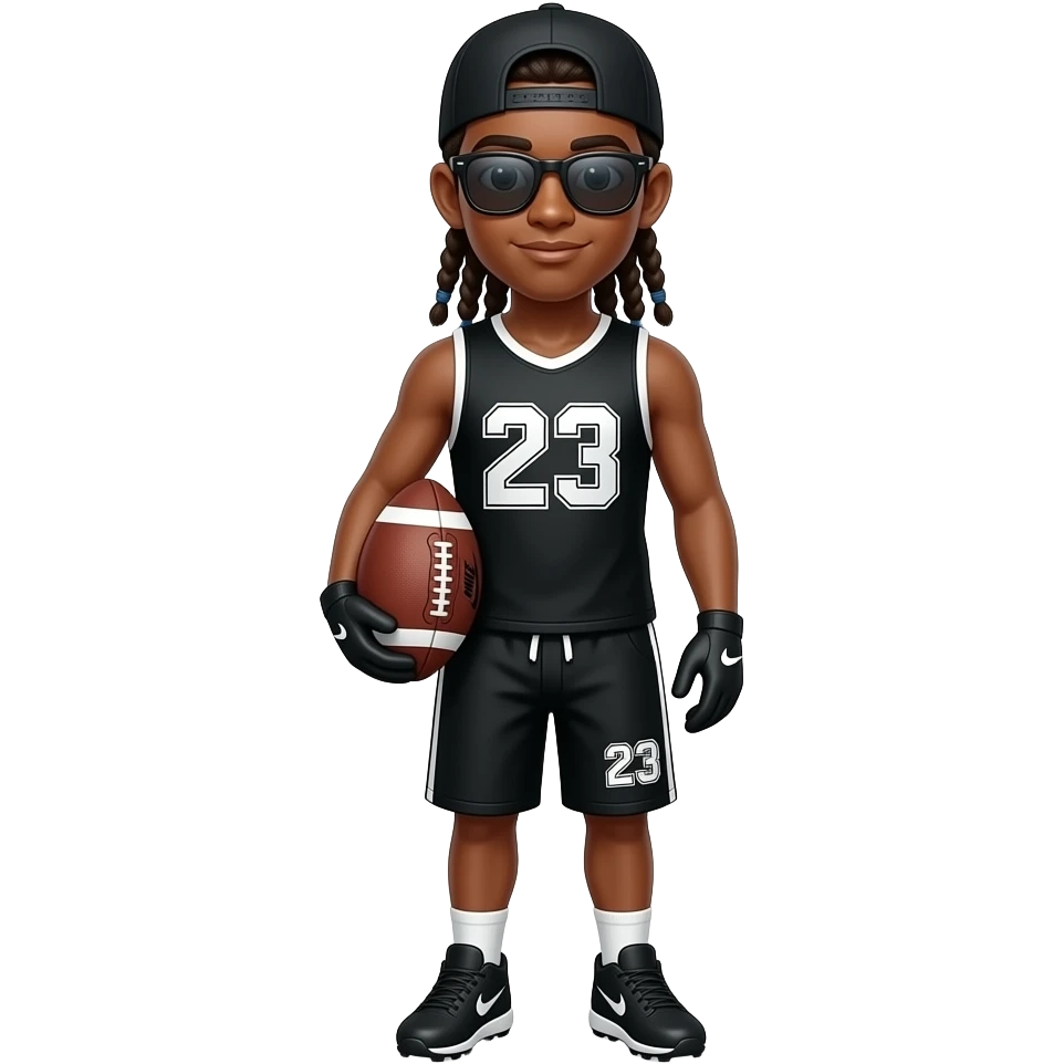 Brown skin teenager boy with shades on with black cap with black tank top number 23 black shorts number 23 black gloves Nike cleats long braids holding football emoji