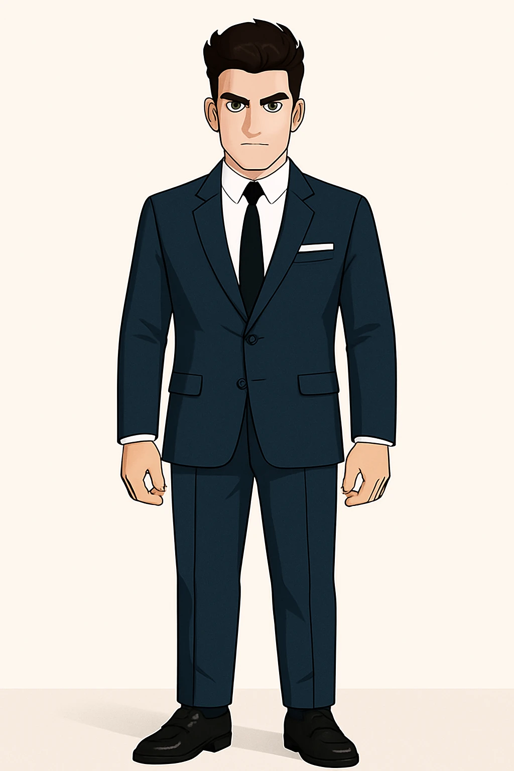 Transform the full-body illustration of a young man in a fitted navy blue suit, white shirt, black tie, and pocket square into a clean cartoon style with sharp lines and consistent lighting. Keep the elegant hairstyle, confident expression, and modern business look. Preserve the character's identity and pose with a clean background. emoji