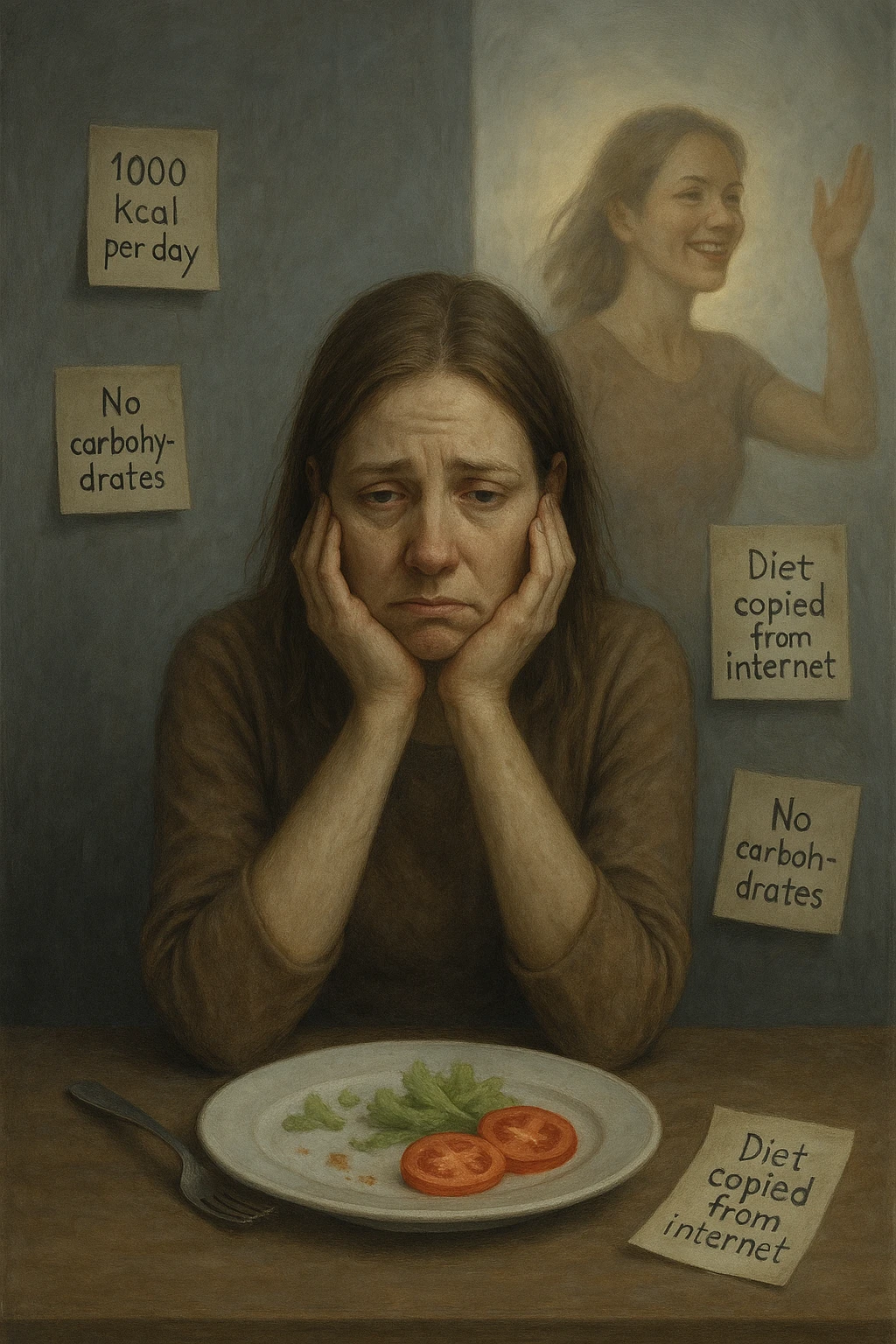 Donna tra i 30 e i 40 anni seduta a tavola, davanti a un piatto quasi vuoto con solo insalata e due fette di pomodoro. Il suo volto è visibilmente triste, stanco, con occhi spenti. Intorno a lei, foglietti attaccati con scritte come '1000 kcal al giorno', 'No carboidrati', 'Dieta copiata da internet'. L’atmosfera è fredda, grigia, priva di energia. Il suo corpo appare spento e scarico. Sullo sfondo, la sagoma di sé stessa più felice e piena di vitalità, come ricordo di un approccio migliore mai seguito. Stile realistico e simbolico emoji