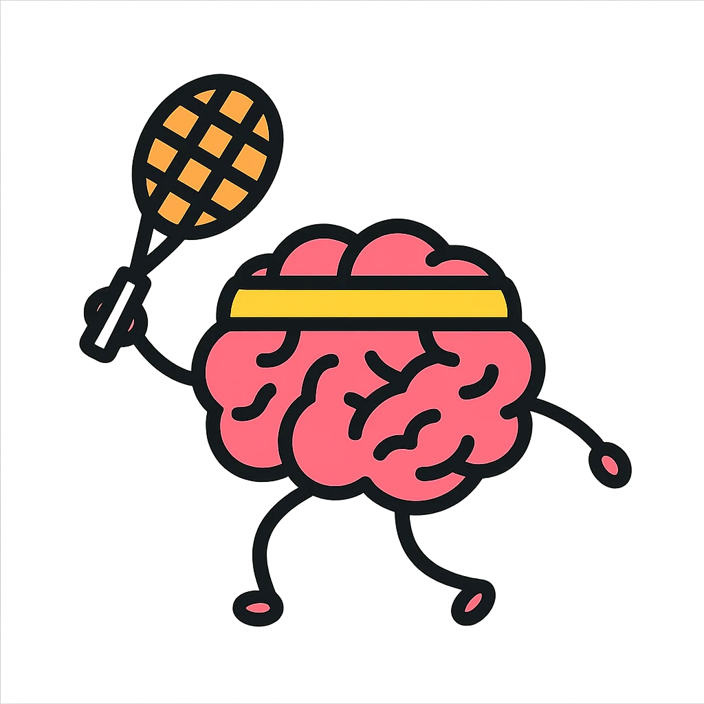 a brain with a sweatband, swinging a tennis racket, colorful outline icon style emoji