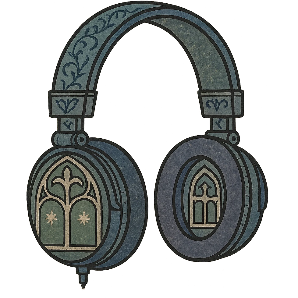 black gothic headphones with illuminated manuscript-inspired gothic details, medieval art style emoji