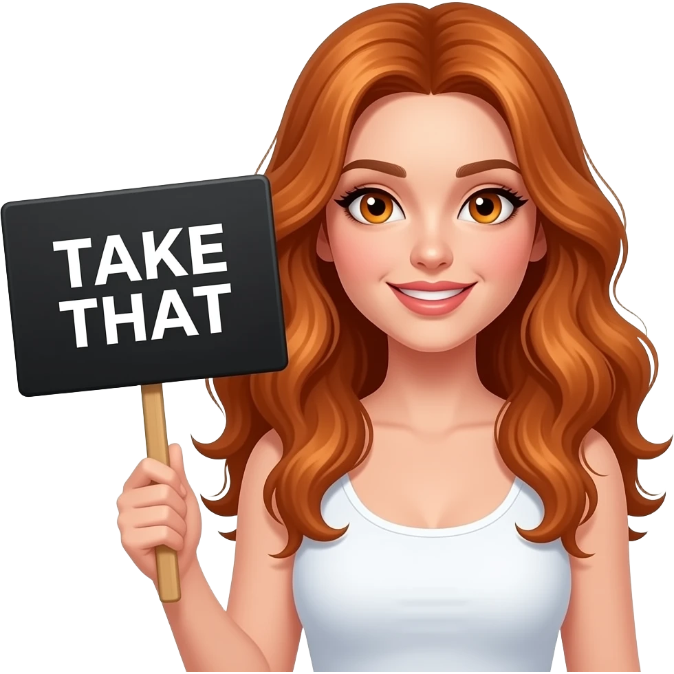 sexy girl with long wavy ginger hair and ginger eyes wearing a white tanktop is holding a black colored sign with TAKE THAT written on it emoji