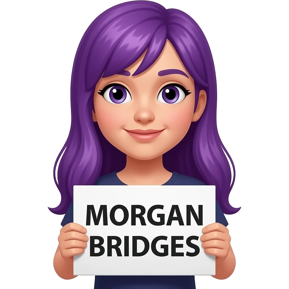 girl with long purple hair with a MORGAN BRIDGES sign emoji