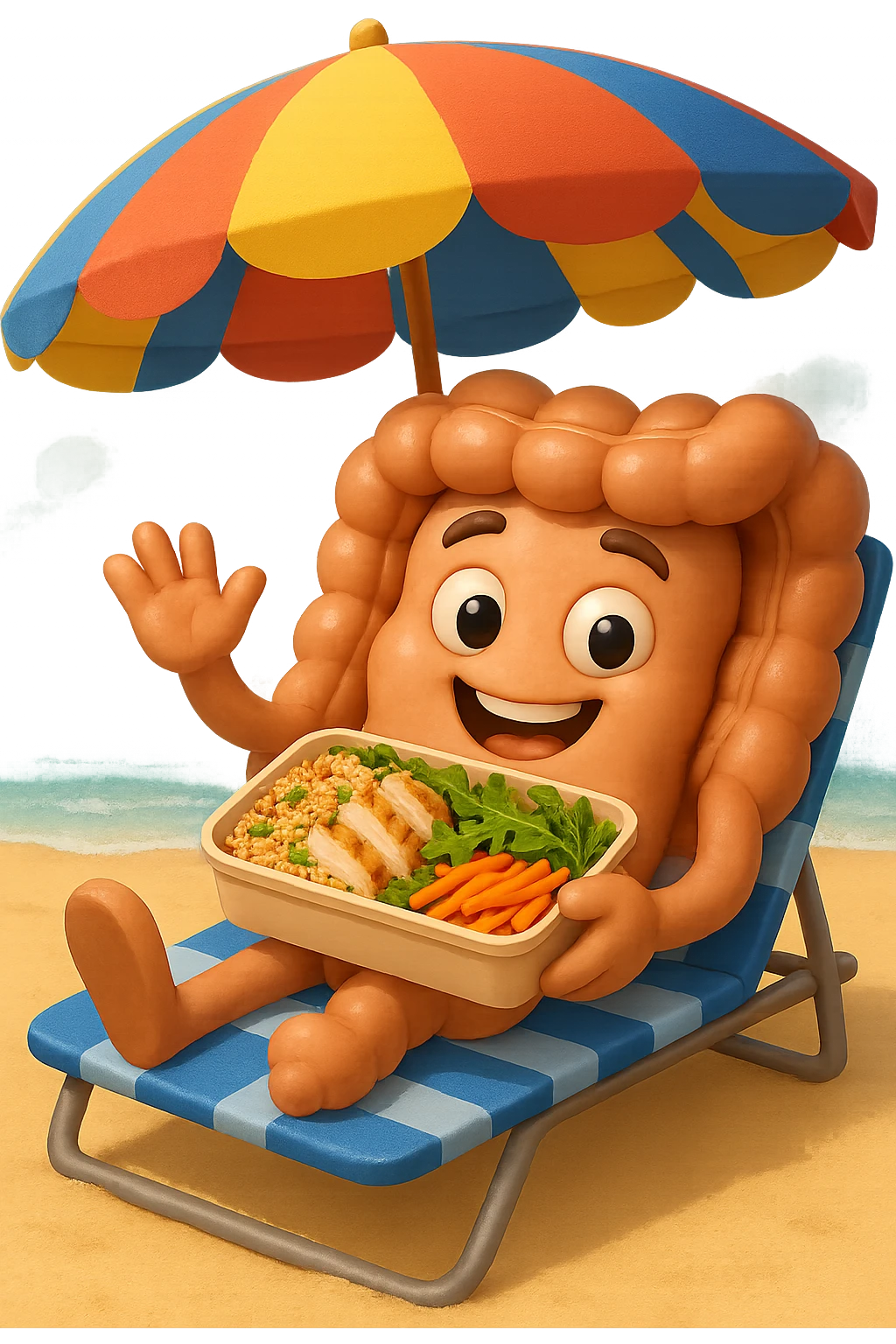 EMOJI STILE IPHONE DI INTESTINO IN SPIAGGIA SU UNA SPIAGGINA SOTTO L'OMBRELLONE CON IN MANO UNA SCHISCETTA DI Insalata di quinoa e pollo con rucola e carote, iperrealistica 4k emoji
