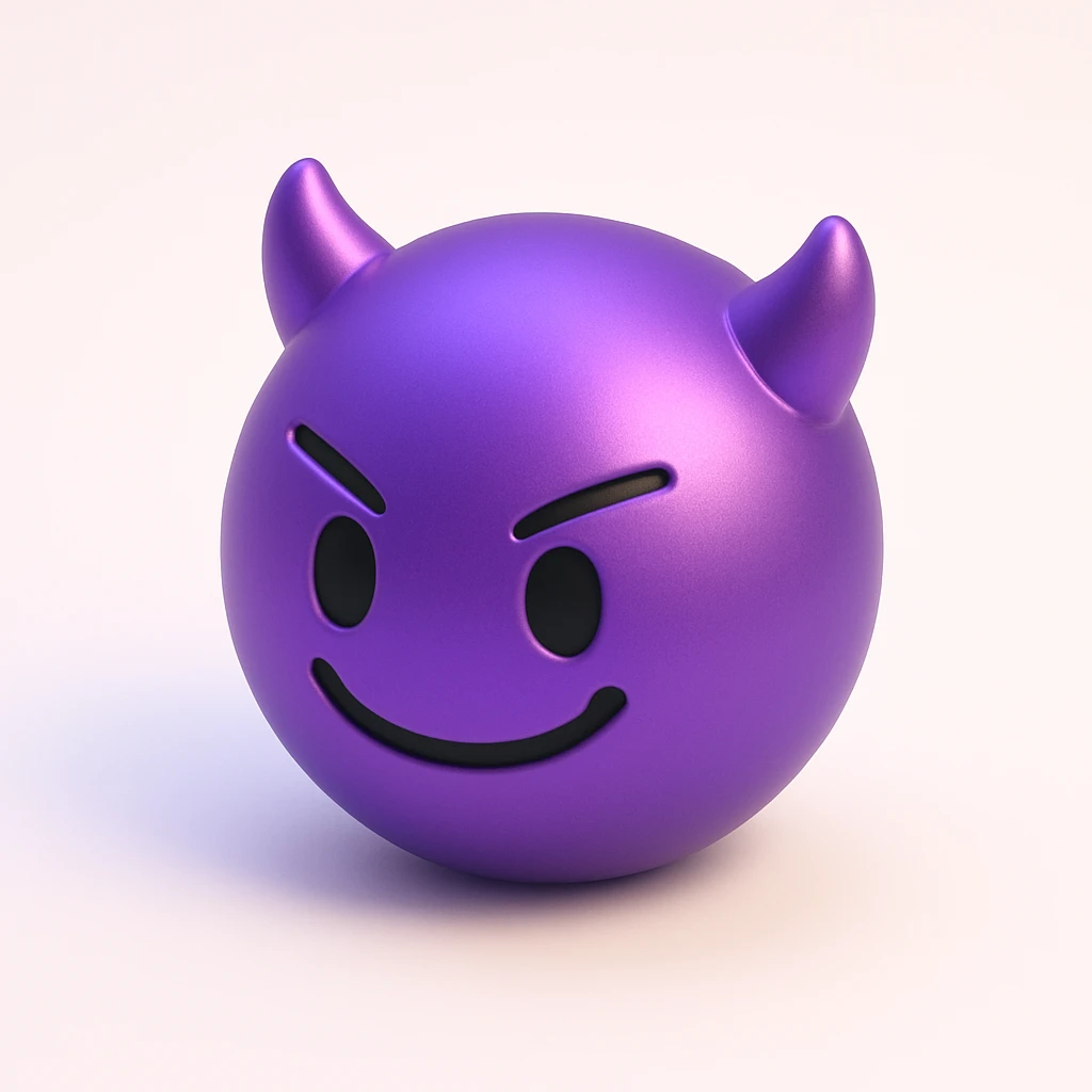 devil emoji, metallic purple and black, tiny horns, cute but mischievous expression, chibi style, metallic effect emoji