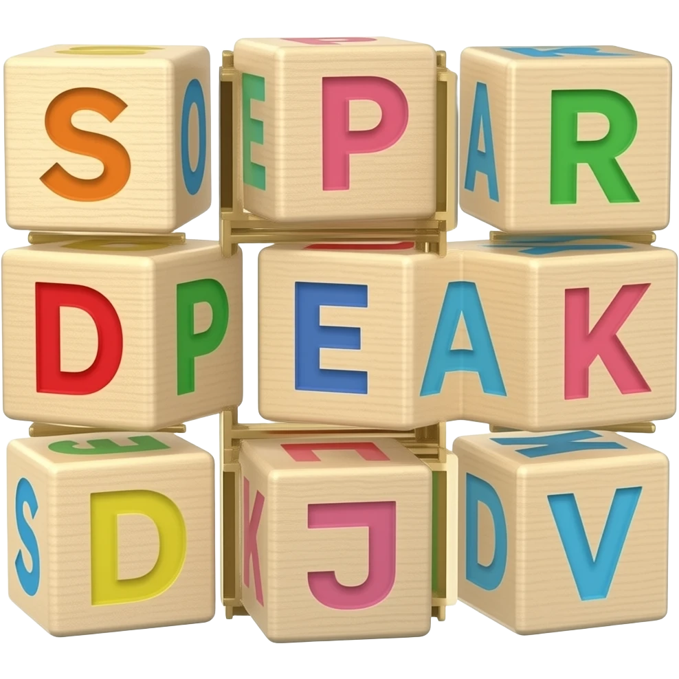 children's wooden blocks with letters, arranged to form a word SPEAK, soft cartoonist style emoji