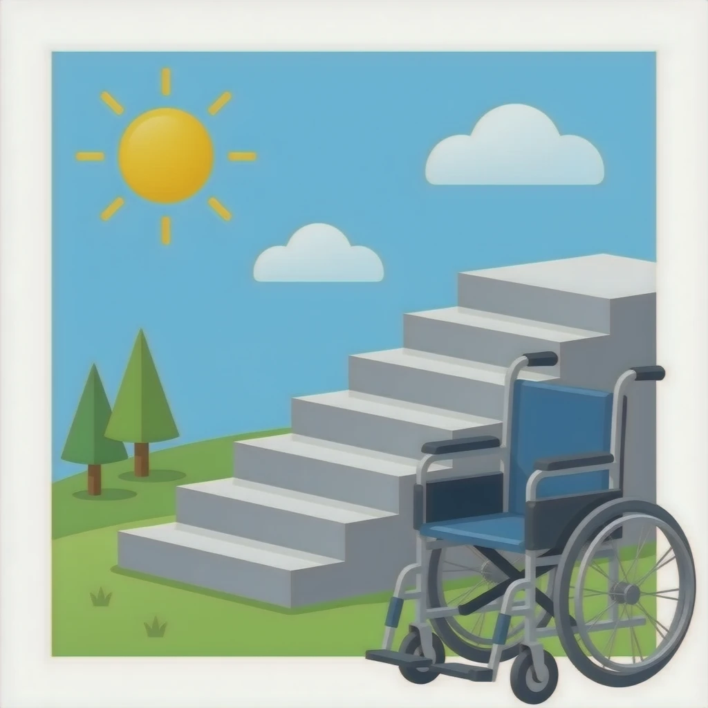 3 step stair and a wheelchair in the begining of the stair, flat perspective, transparent solid background emoji
