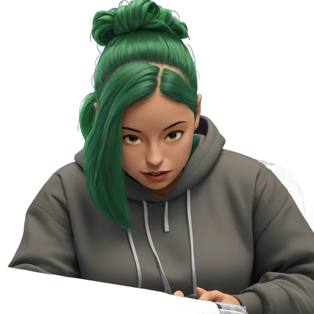 girl with green hair holding phone emoji
