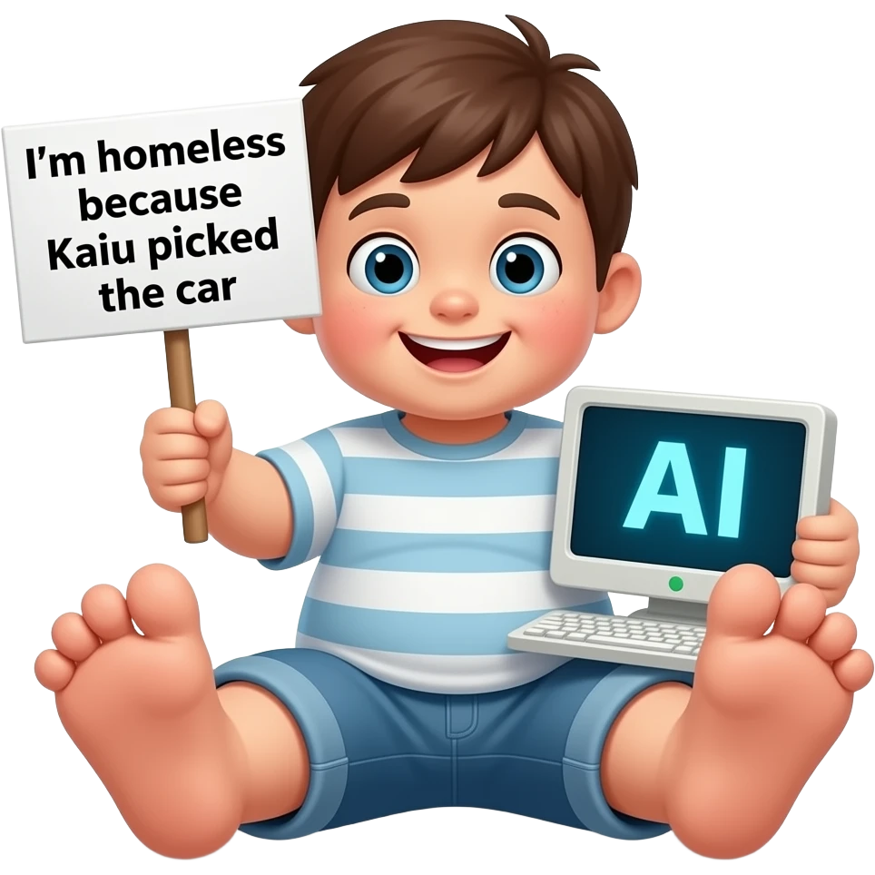 make a ugly brown haired kid with a sign that says im homeless because kaiu picked the car and make him have massive feet and make sure hes fat make him have chubby cheeks and make him smirking and make him stupid and make him have a computer with ai on it and give him a unibrow emoji