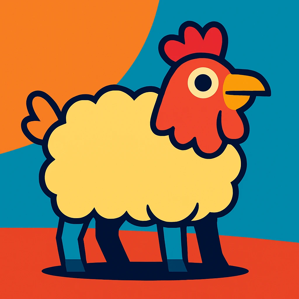 modern illustration of an animal with the body of a sheep and the head of a chicken emoji