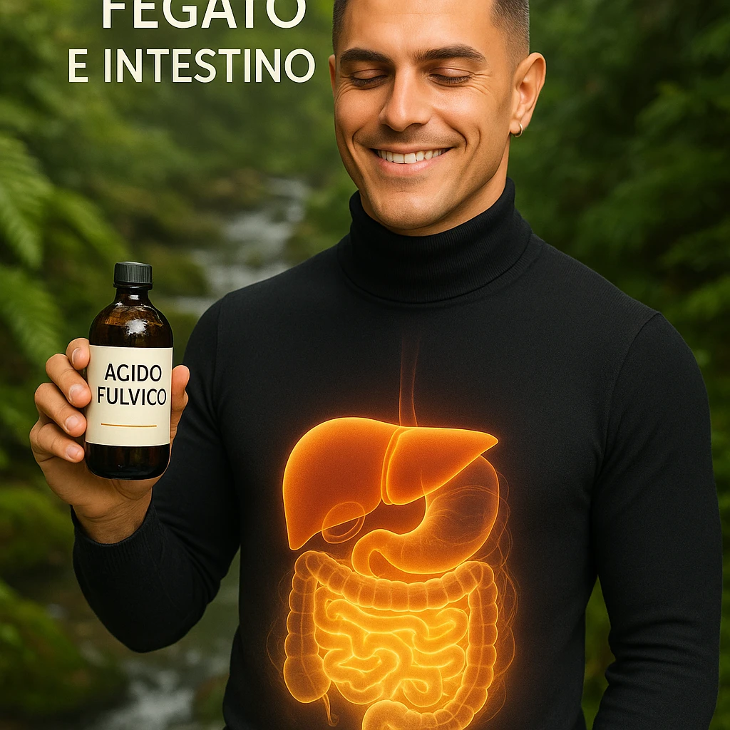 Create a vertical 9:16 wellness semi-realistic style image of a man with the face from the reference image. He is holding a bottle labeled 'acido fulvico'. Show translucent energy on the abdomen and liver. The environment is natural with plants and water. Include Italian text. emoji