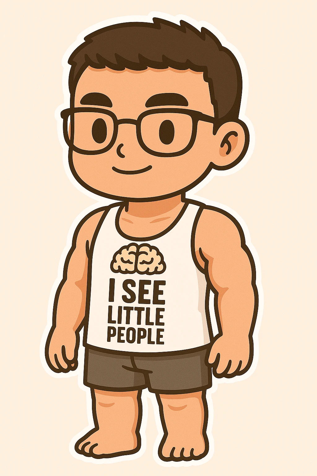 Full body illustration of a young, strong man with short dark hair and glasses, wearing a white gym tank top with the phrase 'I SEE LITTLE PEOPLE' and dark shorts. The style is cute, cartoon, and simplified like chibi stickers, showing the entire body including feet, with bold black lines and soft colors. emoji