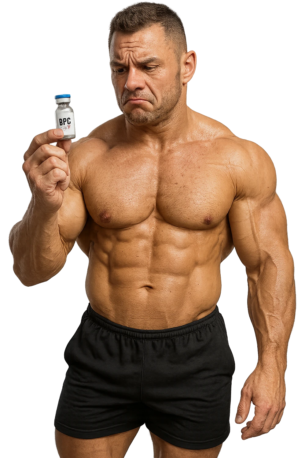 BODYBUILDER A FIGURA INTERA CHE TIENE IN MANO UNA FIALA MEDICA CON la scritta "BPC 157" SULL'ETICHETTA E LA GUARDA DUBBIOSO, iperrealistico 4k emoji