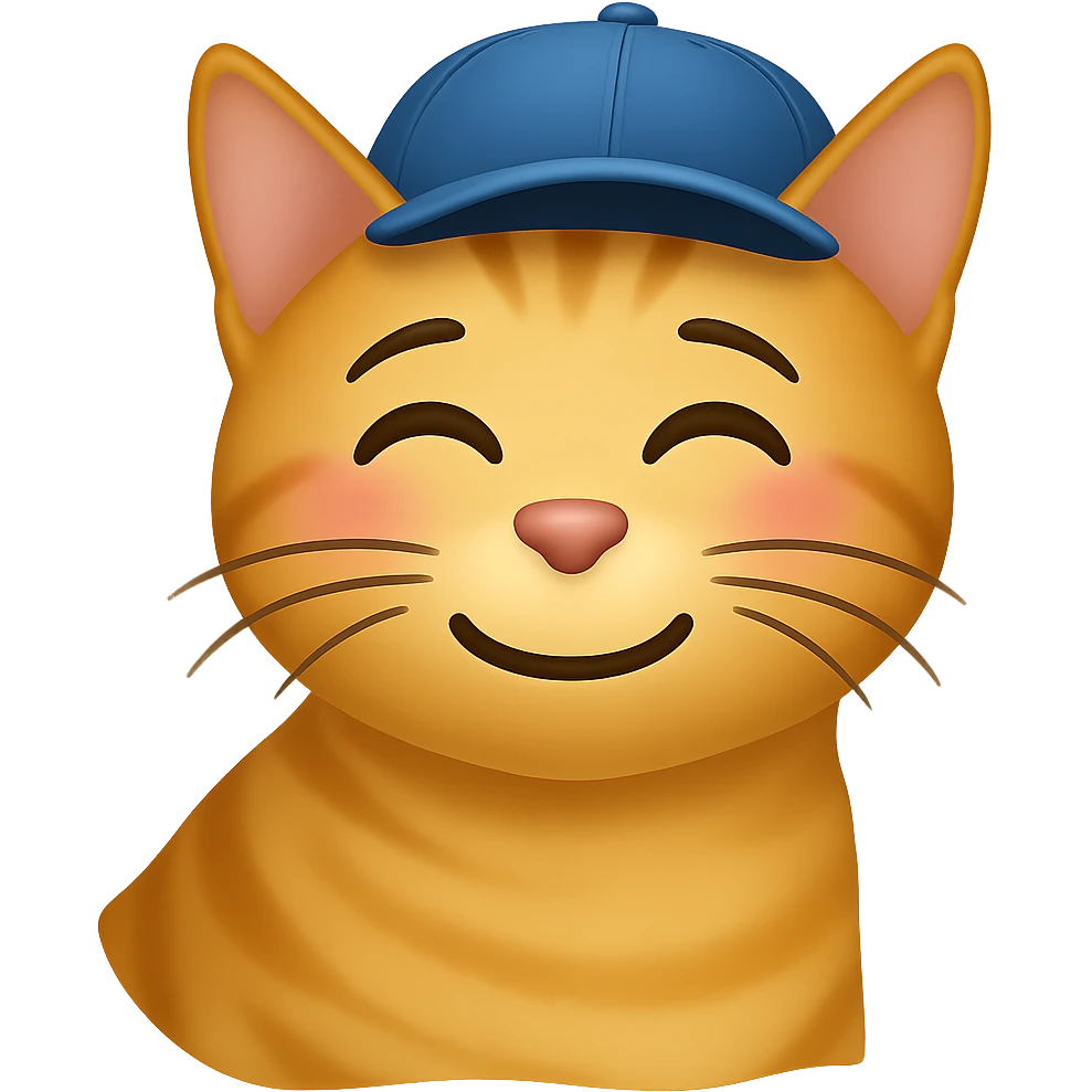 Change the cat's face expression to crush (blushing or dreamy eyes), keep the blue cap, and set the background to transparent. The style should resemble emoji style with simple and clear features. emoji