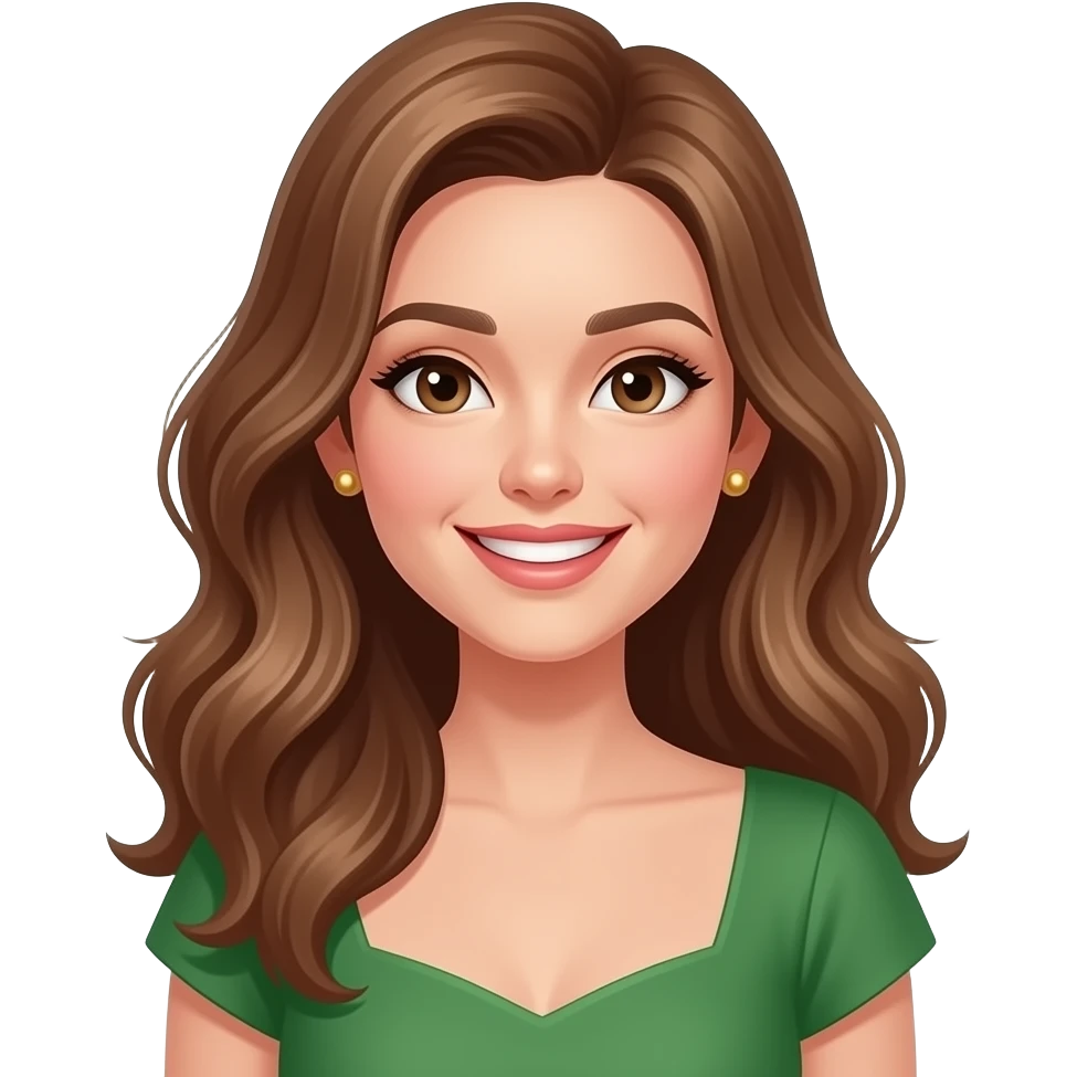 beauty, woman, gold stud earrings, brown eyes, green dress, smiling, light brown hair, hairstyle emoji