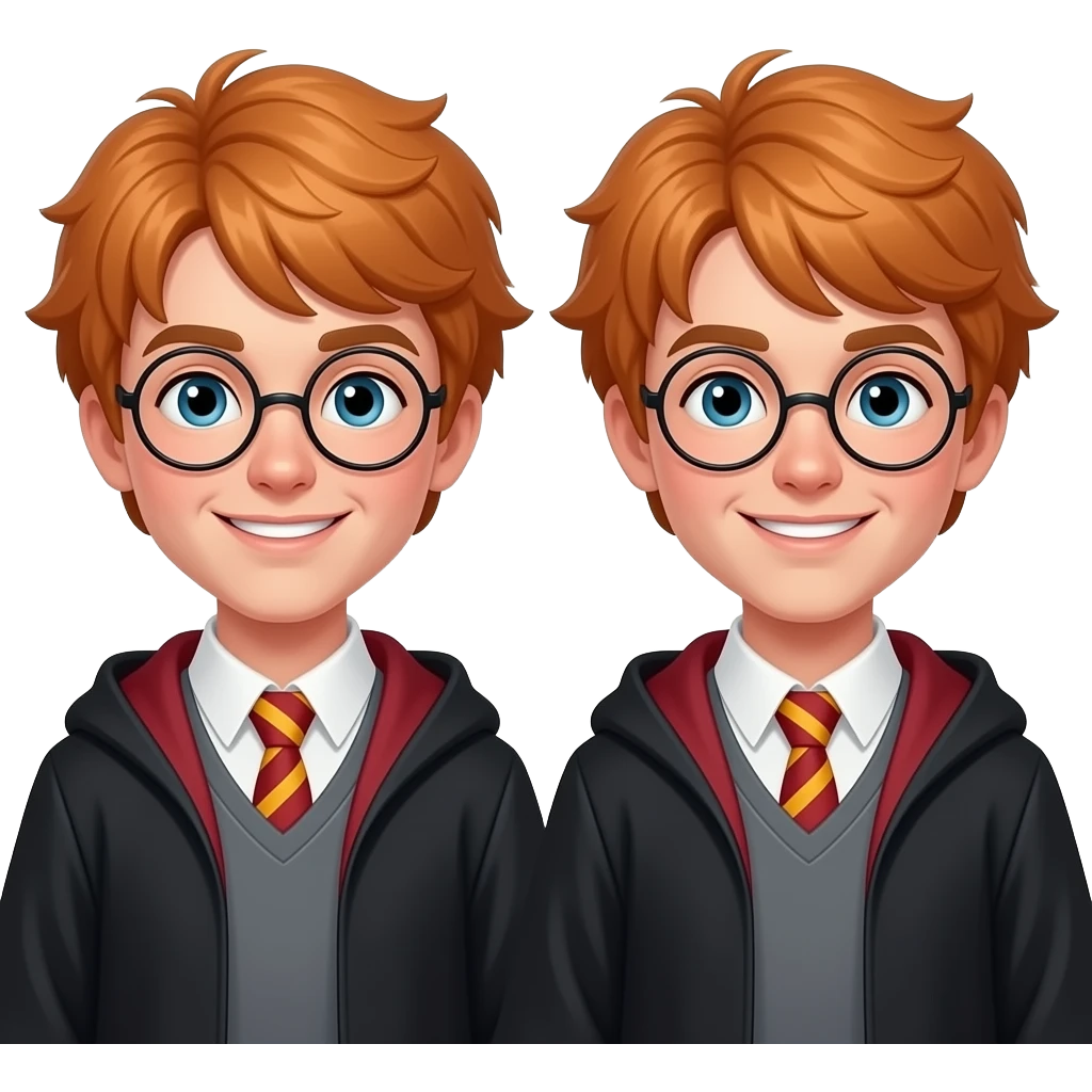 two young men twins, 19-20 years old, ginger hair, playful smirks, confident expressions, similar faces with slight differences, wearing casual wizard clothing, head-and-shoulders, both in frame, centered, 3D glossy emoji style, clean background emoji