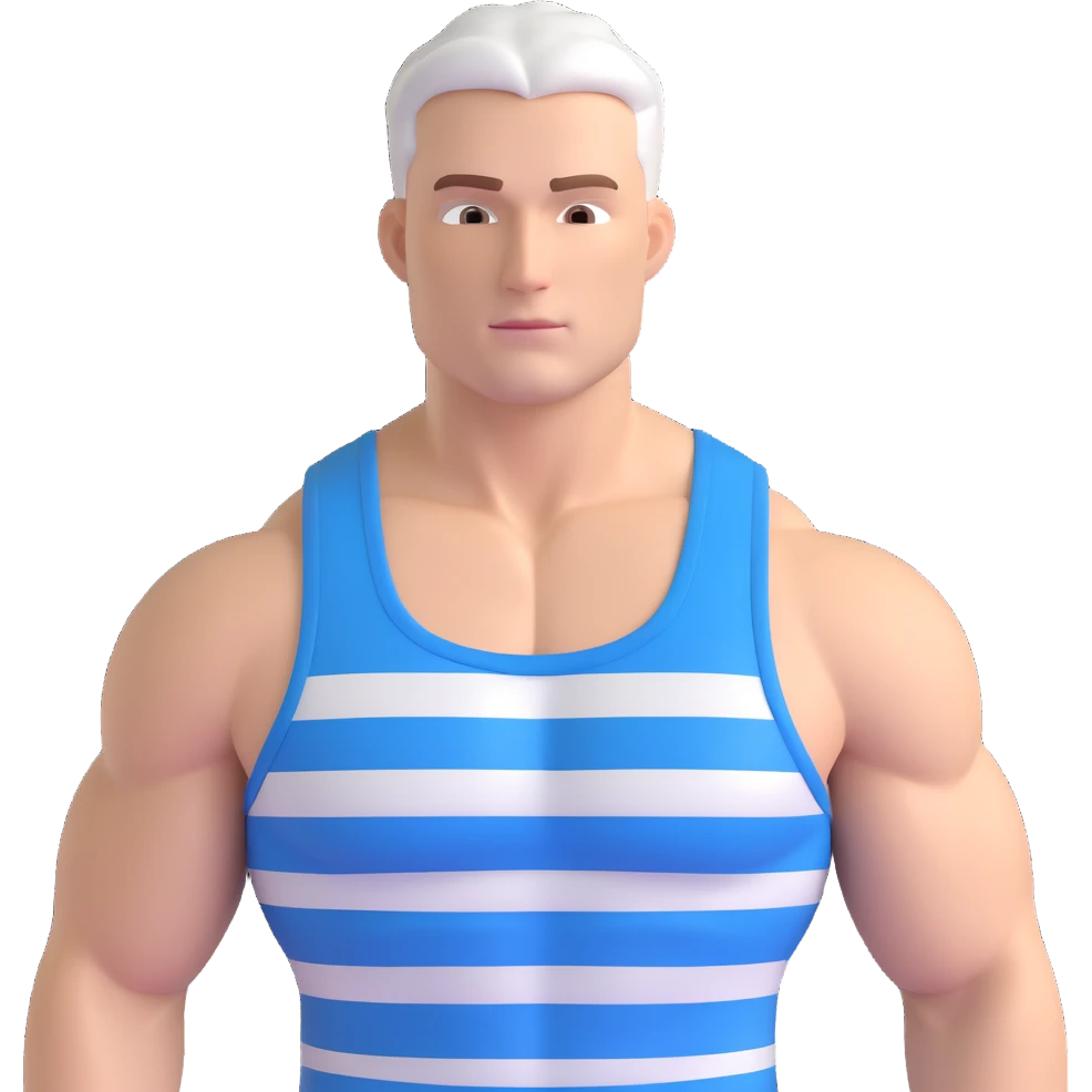 muscular white man wearing a tank top with horizontal blue and white stripes, upper body focus, neutral background emoji