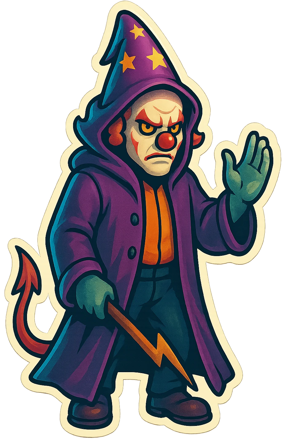 evil clown wizard in a 3/4 length unbuttoned coat with a hood, calm and serious, gesturing with one hand, mouth closed, no pentagram, no robe, no spells, visible tail emoji