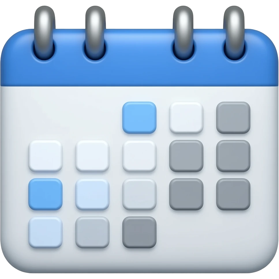 Create a 3D emoji icon of a calendar. Display 7 small uniform square shapes in a single horizontal row (representing days), with no numbers, text, or dates. Color palette: Deep blue (#00008B), Sky blue (#87CEEB), Sky white (#F5F5F5), Coastal grey (#808080). shadows 3D effect, clean, modern look. emoji