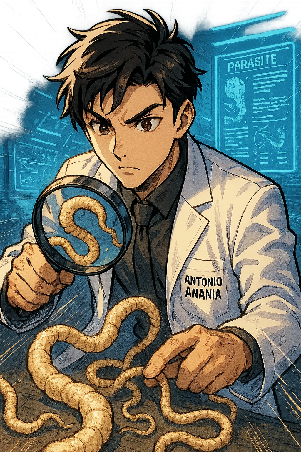 A dynamic manga/webtoon-style illustration of a young male kinesiologist wearing a clean white lab coat, analyzing light beige worms like a tapeworm under a magnifying glass. His expression is focused and slightly intrigued, with sharp, detailed eyes. The art style is vibrant, with bold linework, rich colors, and dramatic lighting. The background is a futuristic laboratory with glowing holographic screens displaying parasite data. The tapeworm is intricately drawn, slimy and segmented, with a slightly exaggerated yet realistic texture. The composition is dynamic, with motion lines or energy effects to emphasize his scientific investigation. The atmosphere is intense but not dark, keeping a balance between scientific seriousness and stylish manga aesthetics, he has "ANTONIO ANANIA" WRITTEN ON WHITE LAB COAT emoji