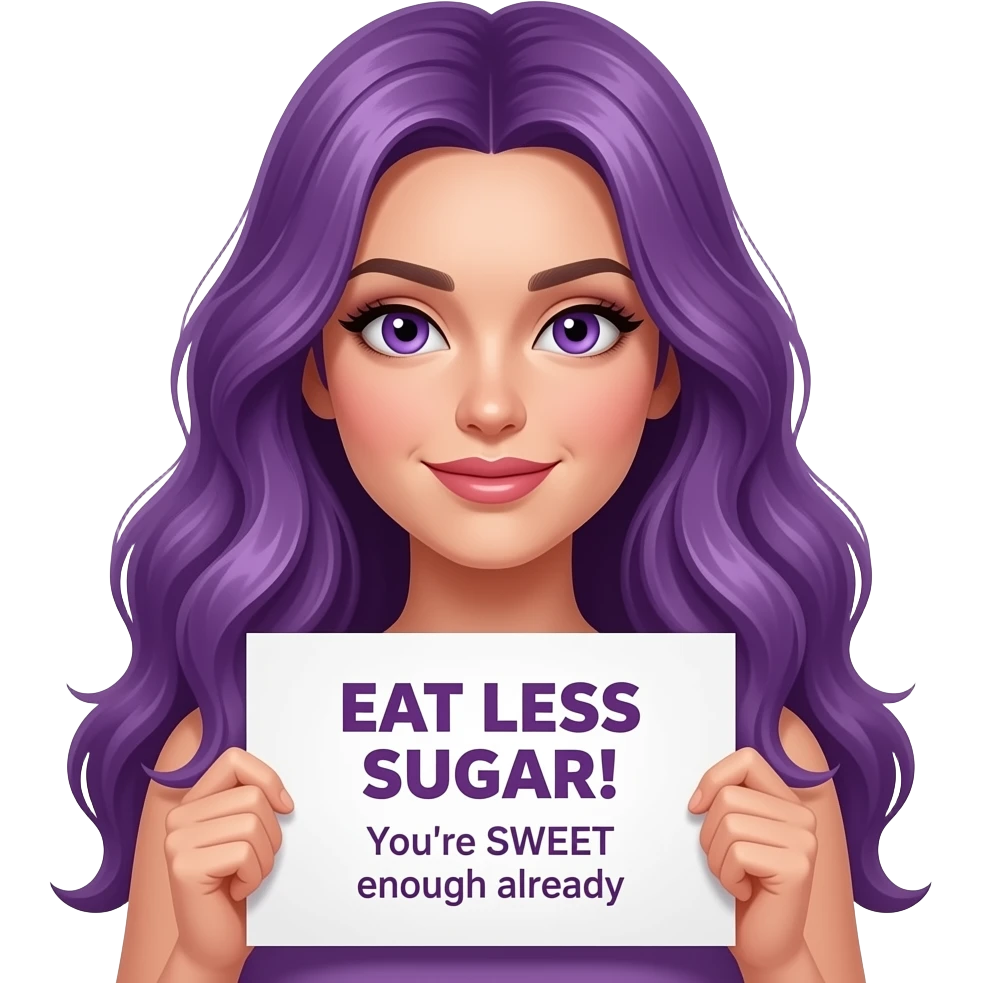 sexy girl with long purple hair and purple eyes holding a EAT LESS SUGAR! You're SWEET enough already sign emoji