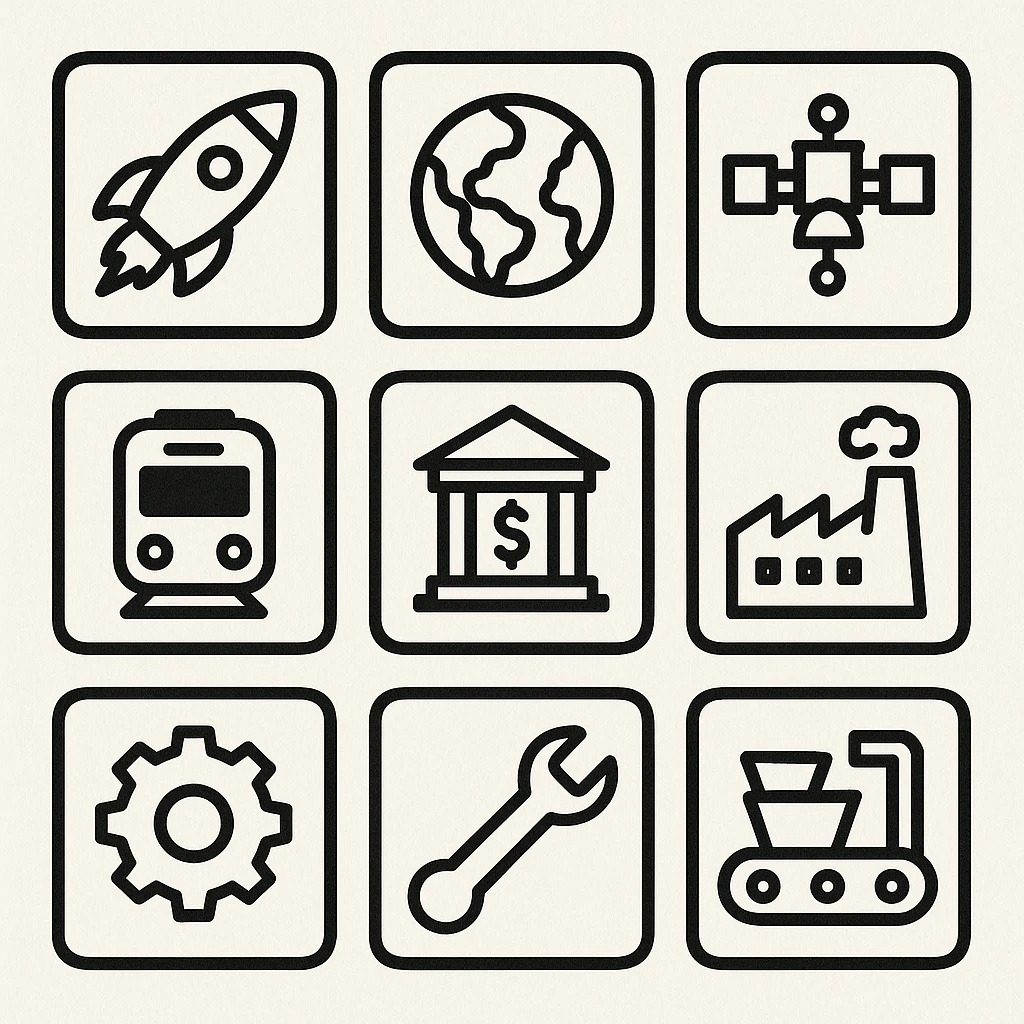 large resolution square minimal icons, space semiotic, black print on white background, square outline icons, sleek symbols, transportation, economy, engineering, industry. Designed for signage.  emoji