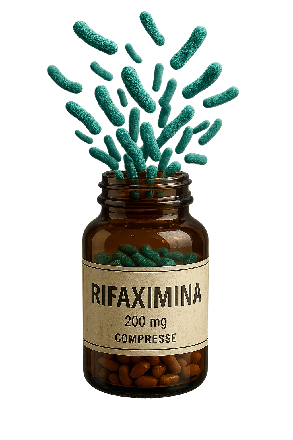 barattolo di medicinale con la scritta "rifaximina" sull'etichetta fluttua in aria, da dentro al barattolo escono batteri intestinali turchesi, iperrealistico 4k emoji