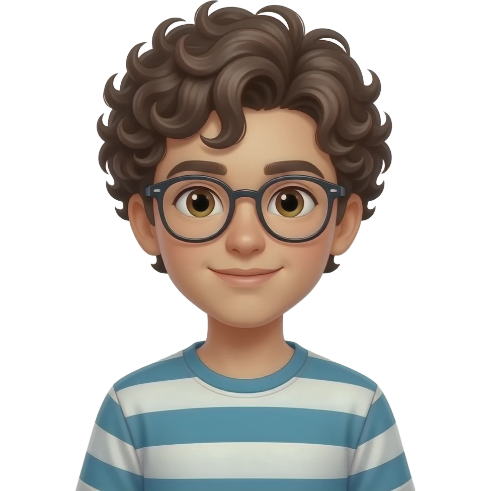 teen boy with curly hairs, stripes and wear glasses emoji
