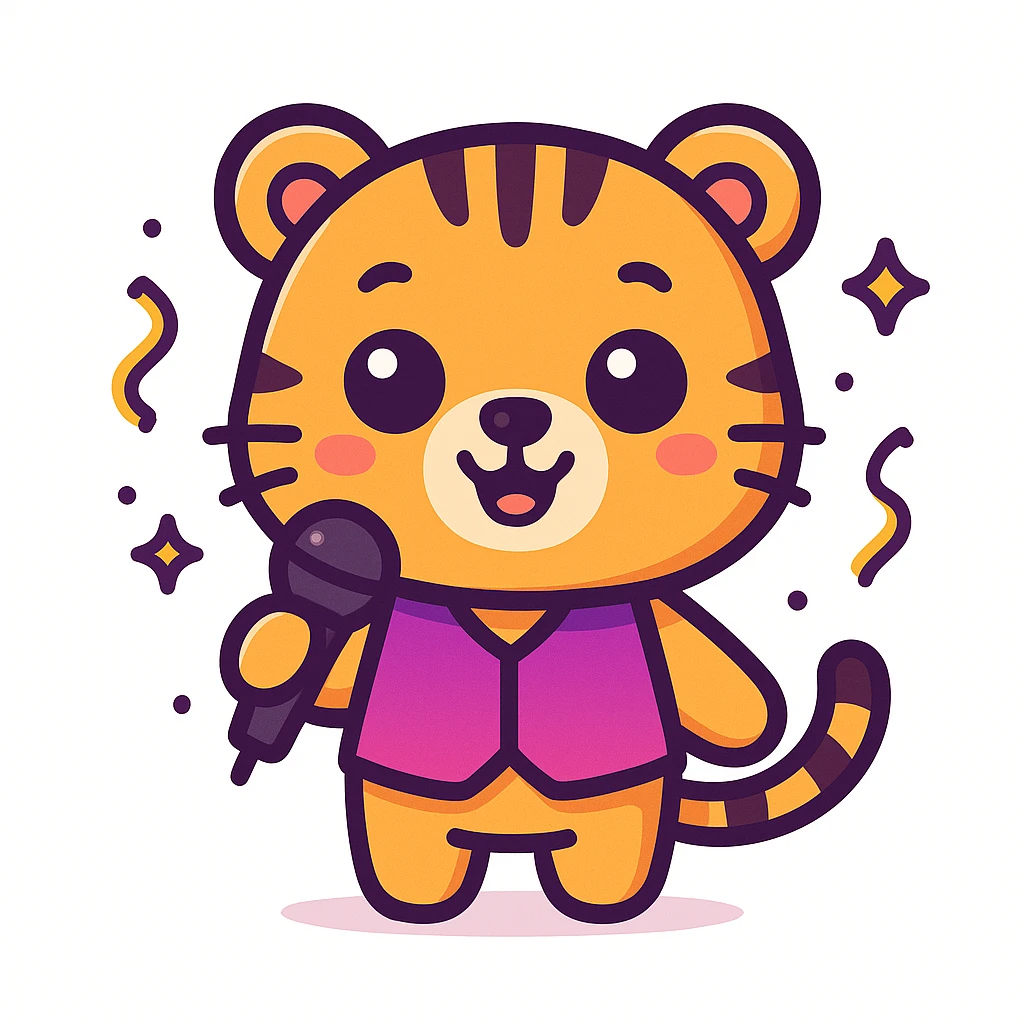 cute cartoon-style male tiger mascot with neotenic features: large round head, big shiny eyes, small nose and mouth, short arms and legs, chubby body, smiling happily, standing upright, wearing a purple and fuchsia vest or shirt, holding a microphone, surrounded by soft party elements like confetti, bold outlines, soft colors purple to fuchsia gradient, gold accents, white, clean vector style, extremely cute, evokes tenderness, plain white background emoji