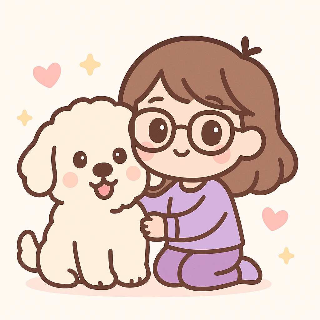 brunette female with glasses in a purple outfit and her large white or cream colored goldendoodle, chibi style emoji