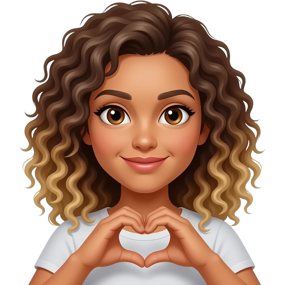 Femme métisse yeux marrons cheveux bouclés marrons et blonds qui fait des cœurs emoji