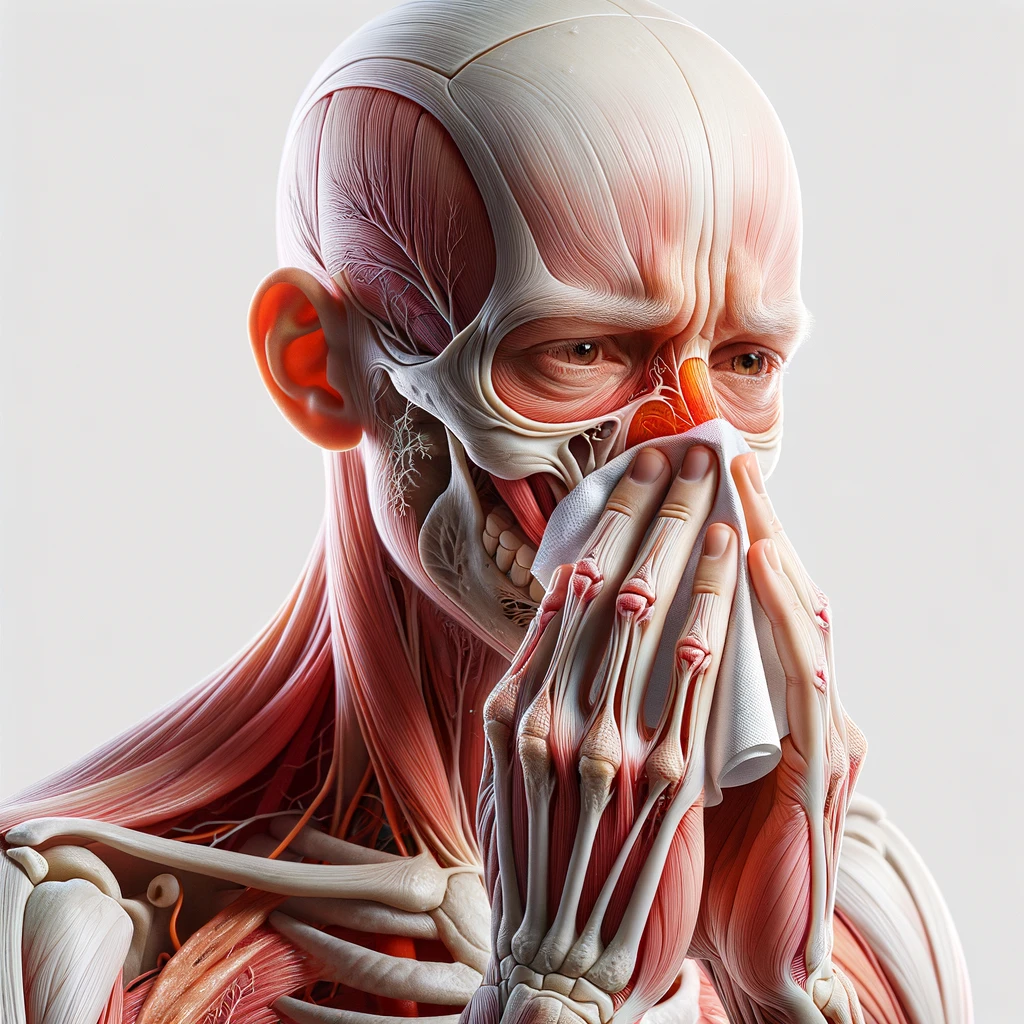 corpo umano anatomico che si soffia il naso perché ha il raffreddore, iperrealistico 4k, isolato su sfondo bianco emoji
