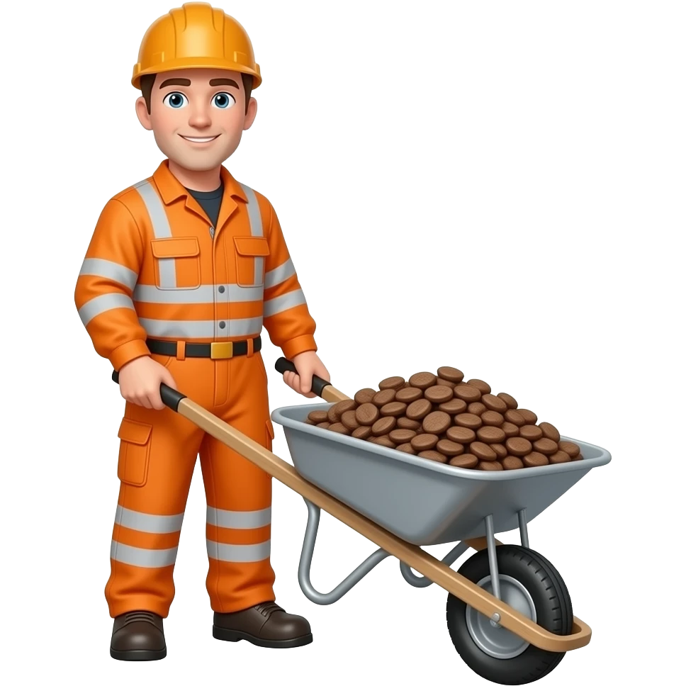 man in full orange hi-vis overalls with sleeves holding a wheelbarrow emoji