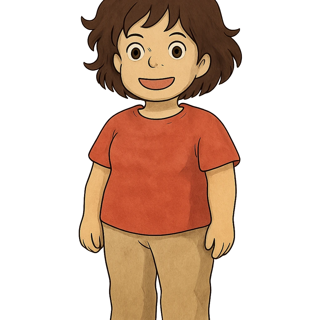 character with dark brown wavy hair, big brown eyes, small nose, big pink mouth, medium weight, medium height emoji