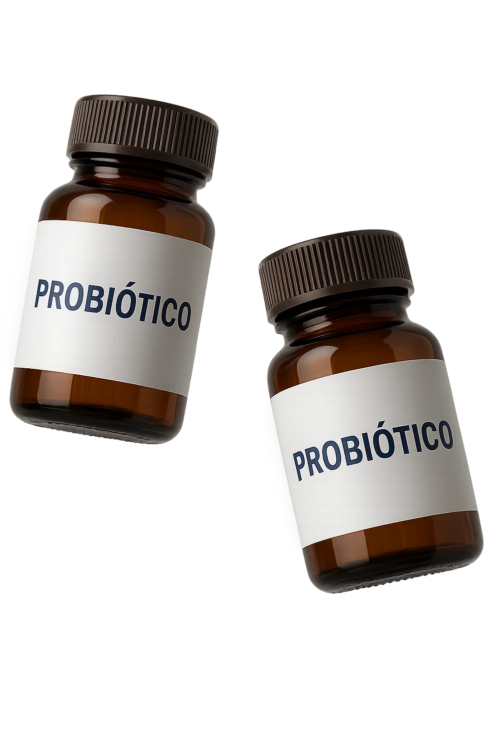 due boccette di integratori con la scritta "PROBIOTICO" SULL'ETICHETTA, FLUTTUANO IN ARIA, realistica 4k emoji