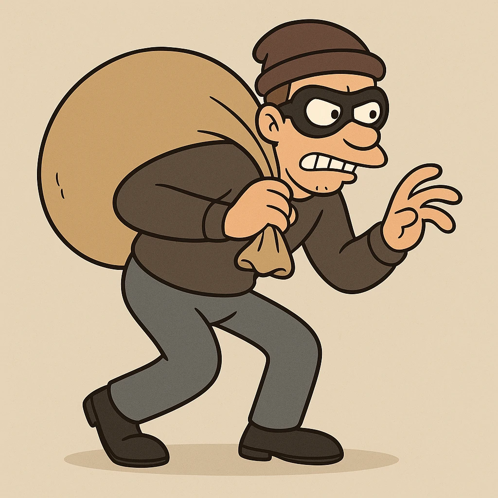a thief character, cartoon style, holding a sack of loot, exaggerated sneaky pose emoji