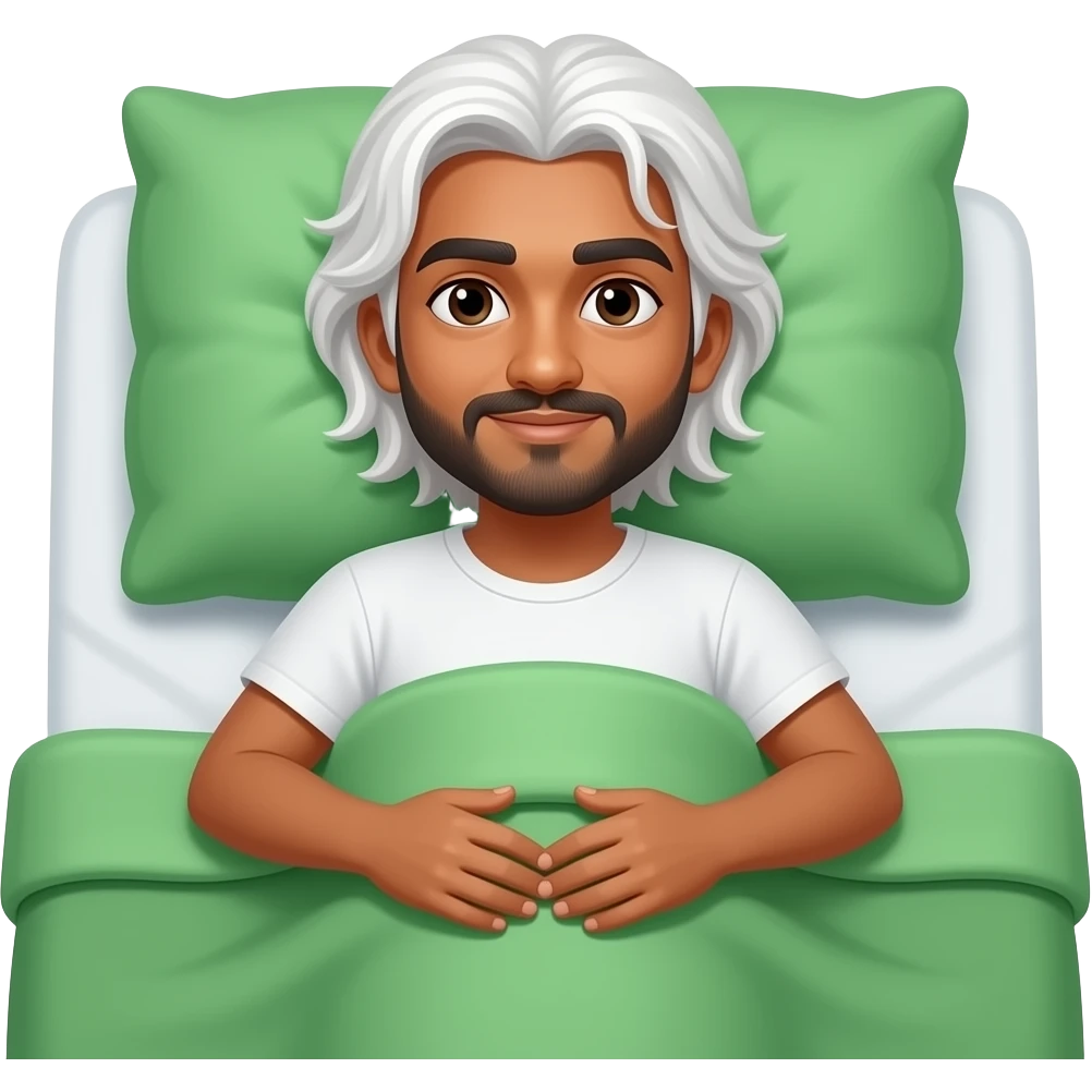 Darker toned indian young man with long white hair covered in like green duvet in bed emoji